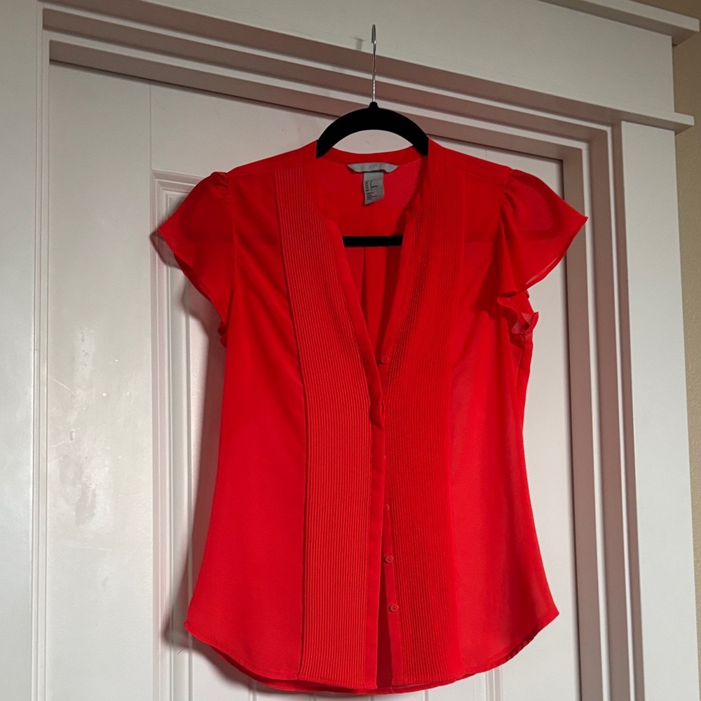 H&M orange red Women's Short-Sleeve V-Neck Blouse